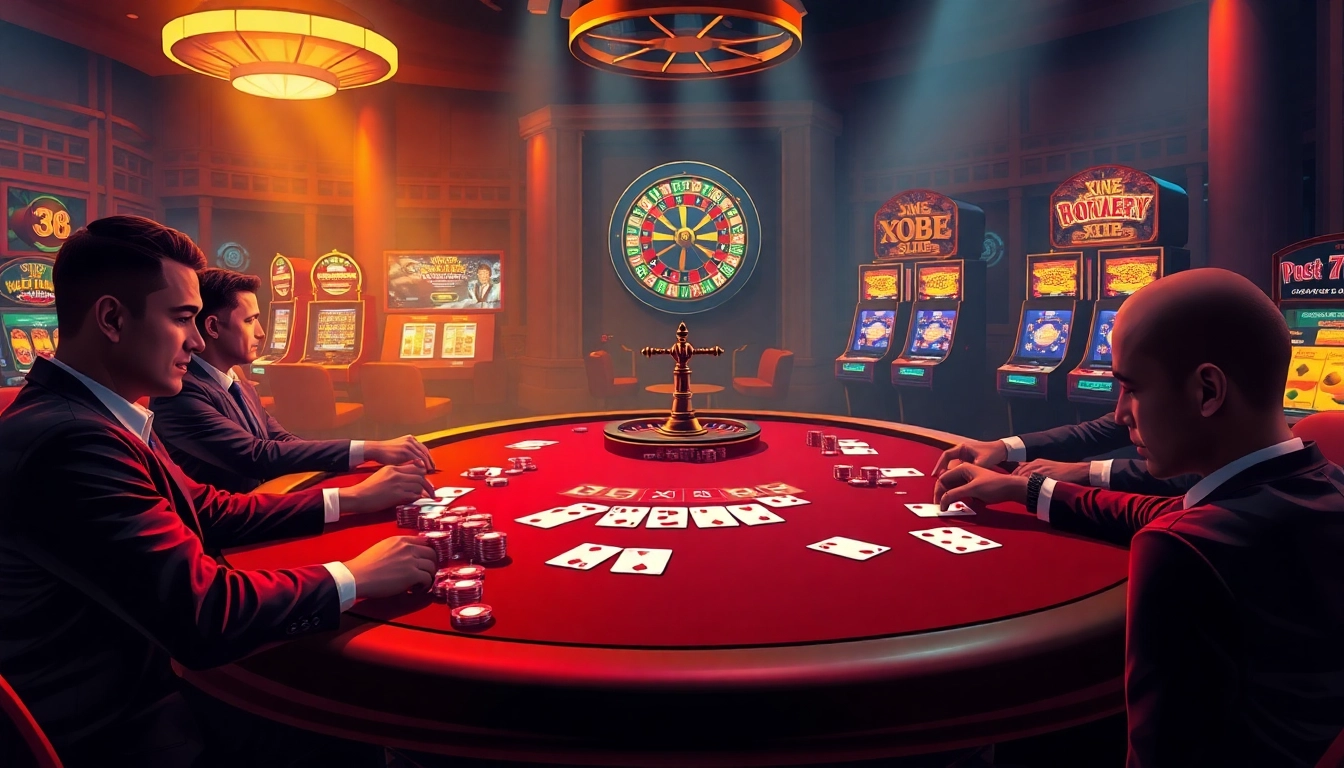 Experience excitement as players engage at the X88 poker table, surrounded by luxury casino elements.