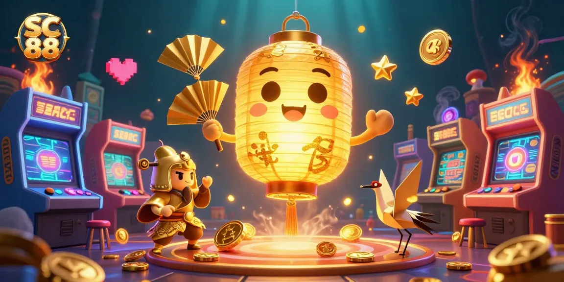 Experience thrilling gaming adventures at SC 88 with vibrant 3D visuals of a golden lantern spirit and gaming symbols.