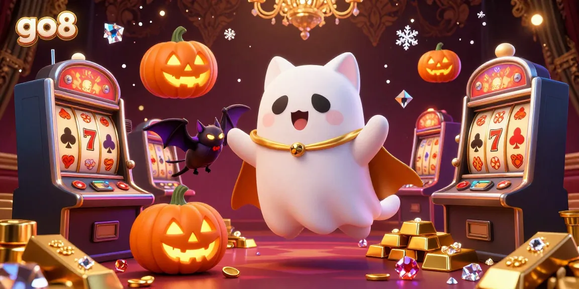 Experience the excitement of go8's casino with this vibrant scene, featuring a friendly ghost cat and a bat amidst slot machines and glowing jackpots.