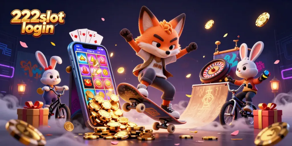 Aksi permainan slot dengan 222slot login, menampilkan fox skateboarder dan kelinci BMX di kasino.