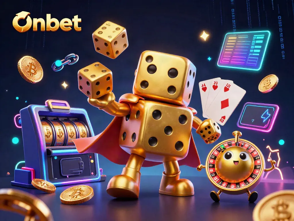 Engage with Onbet's vibrant 3D casino world, featuring golden dice and exciting game elements.