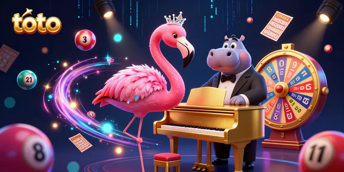 Experience exciting toto lottery games with a flamingo singer and a hippo bassist in a vibrant casino.
