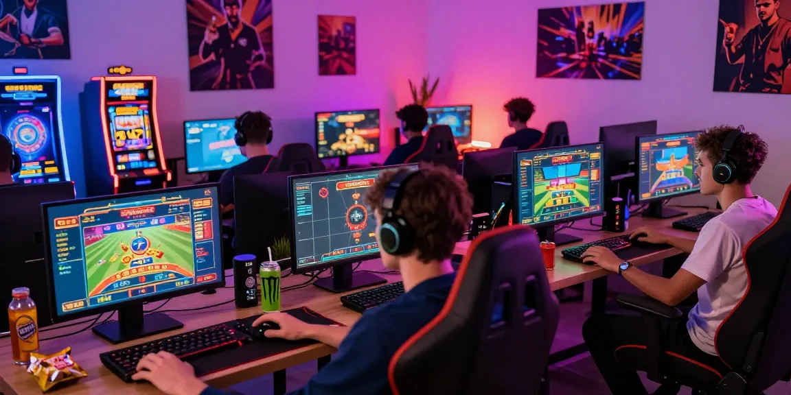 Engaged players at https://open88.games/ enjoying online gaming with colorful screens and snacks in a modern gaming setup.