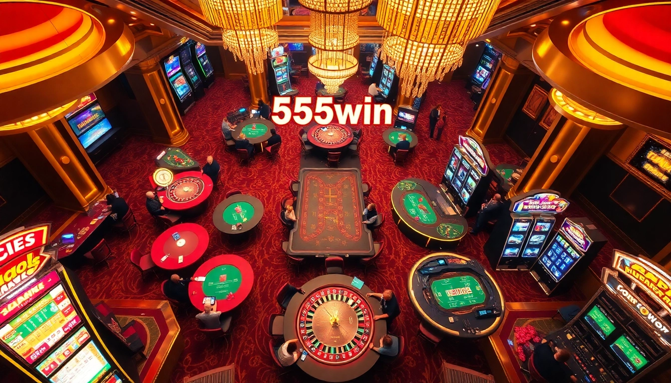 Players enjoying classic casino games at 555win with vibrant slot machines and roulette tables.