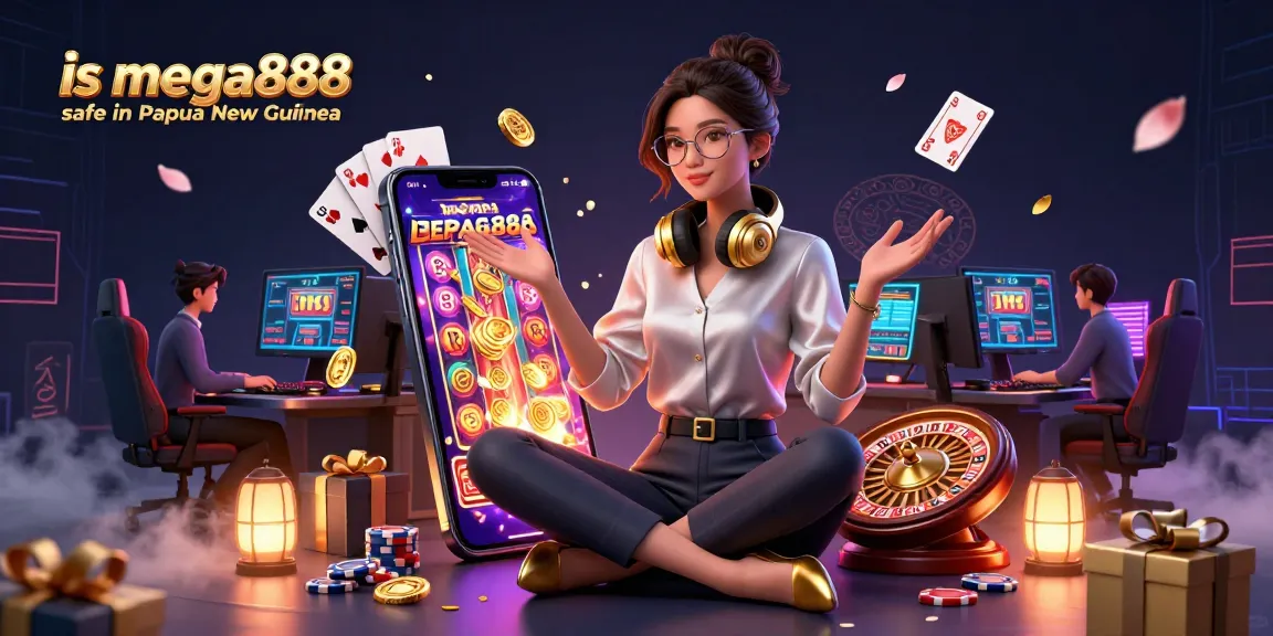 Engage with mega888 safe in Papua New Guinea, featuring an elegant gamer woman surrounded by lively casino elements.