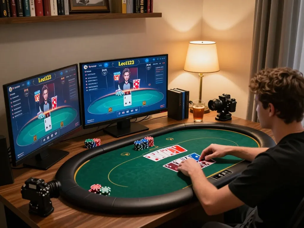 Platform Leci123 yang ditampilkan dalam pengaturan permainan rumah dengan pemain yang terlibat dalam permainan poker langsung.