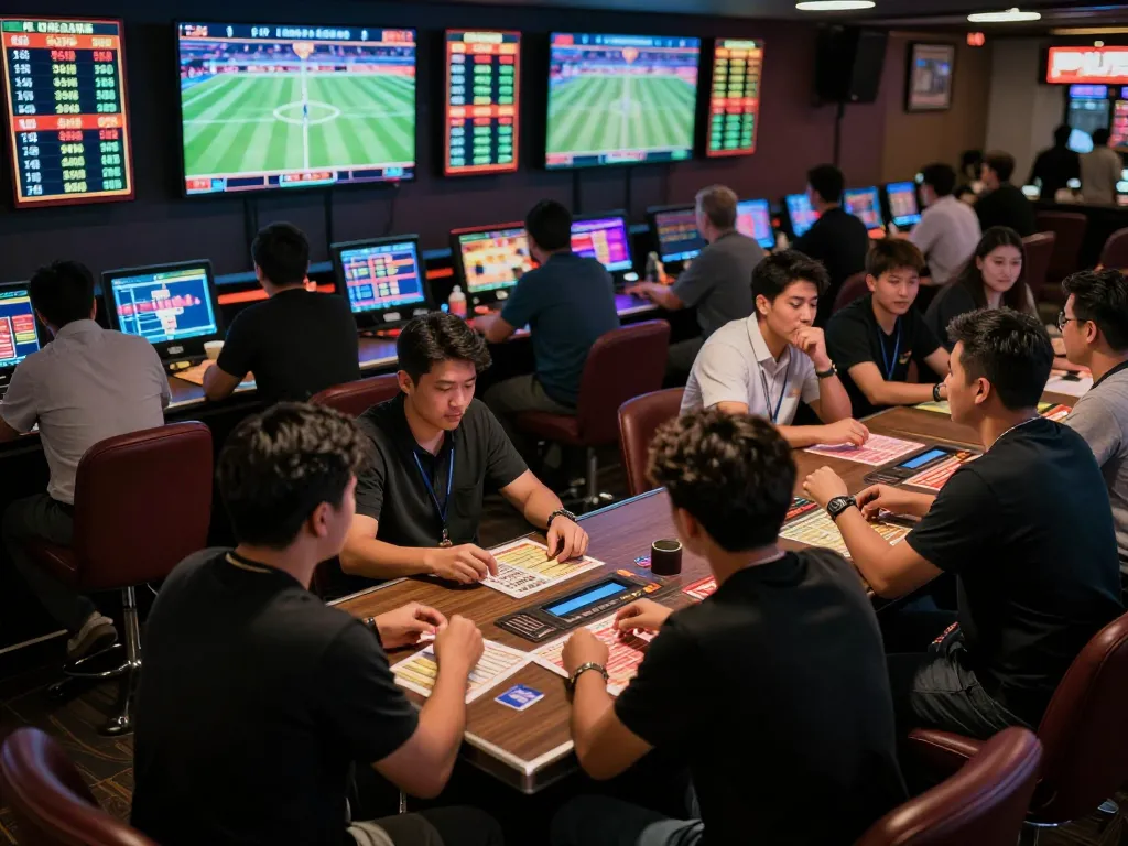 Engaged bettors placing wagers on kèo nhà cái hôm nay in a vibrant sportsbook, showcasing lively atmosphere.