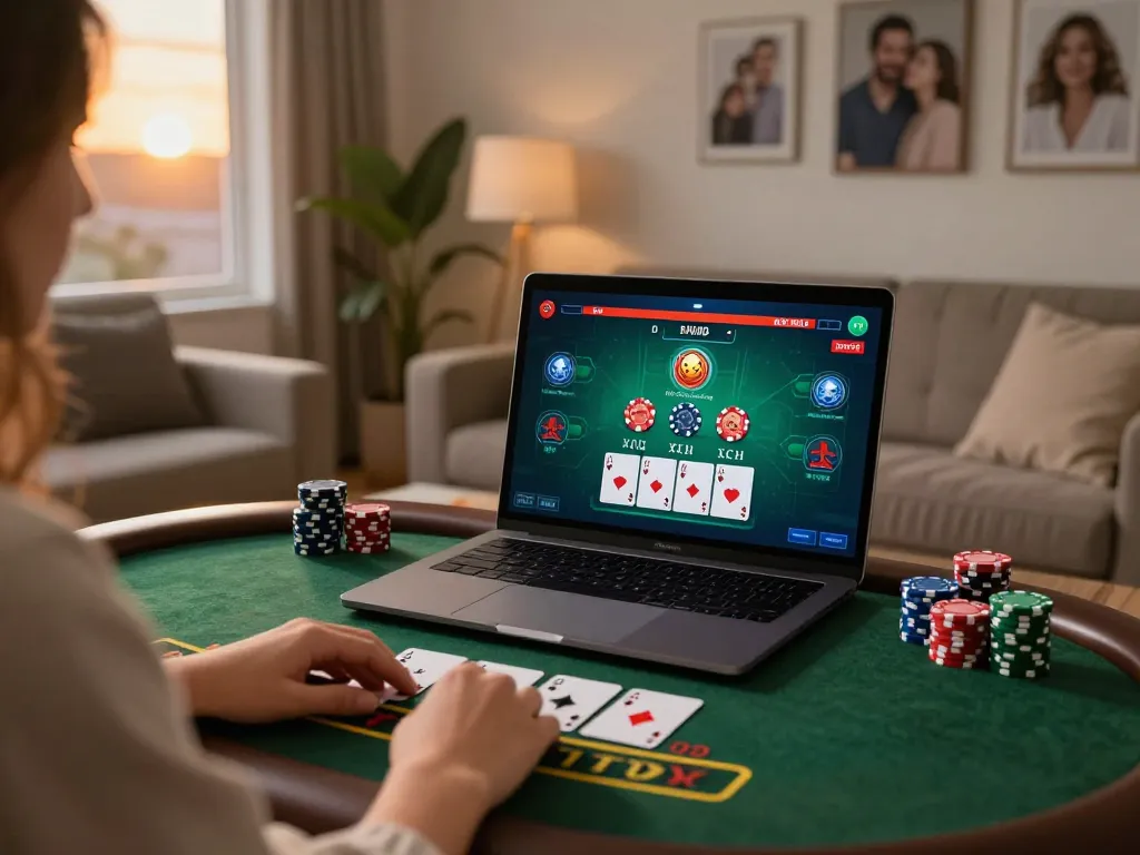 Player enjoying a strategic blackjack game on tr88 at home with a warm, inviting atmosphere