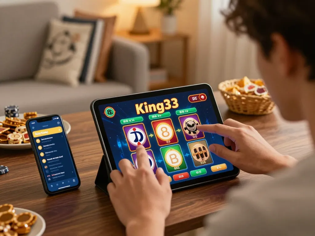 Player engaging with King33 online casino app on tablet amidst a cozy home setup, depicting dynamic gaming.