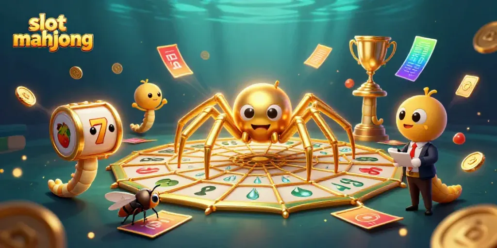 Menampilkan slot mahjong dengan karakter laba-laba emas dan centipede dalam suasana judi yang menegangkan.