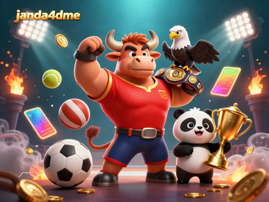janda4dme merayakan kemenangan dengan simbol olahraga dalam ilustrasi 3D yang dinamis dan berwarna-warni.