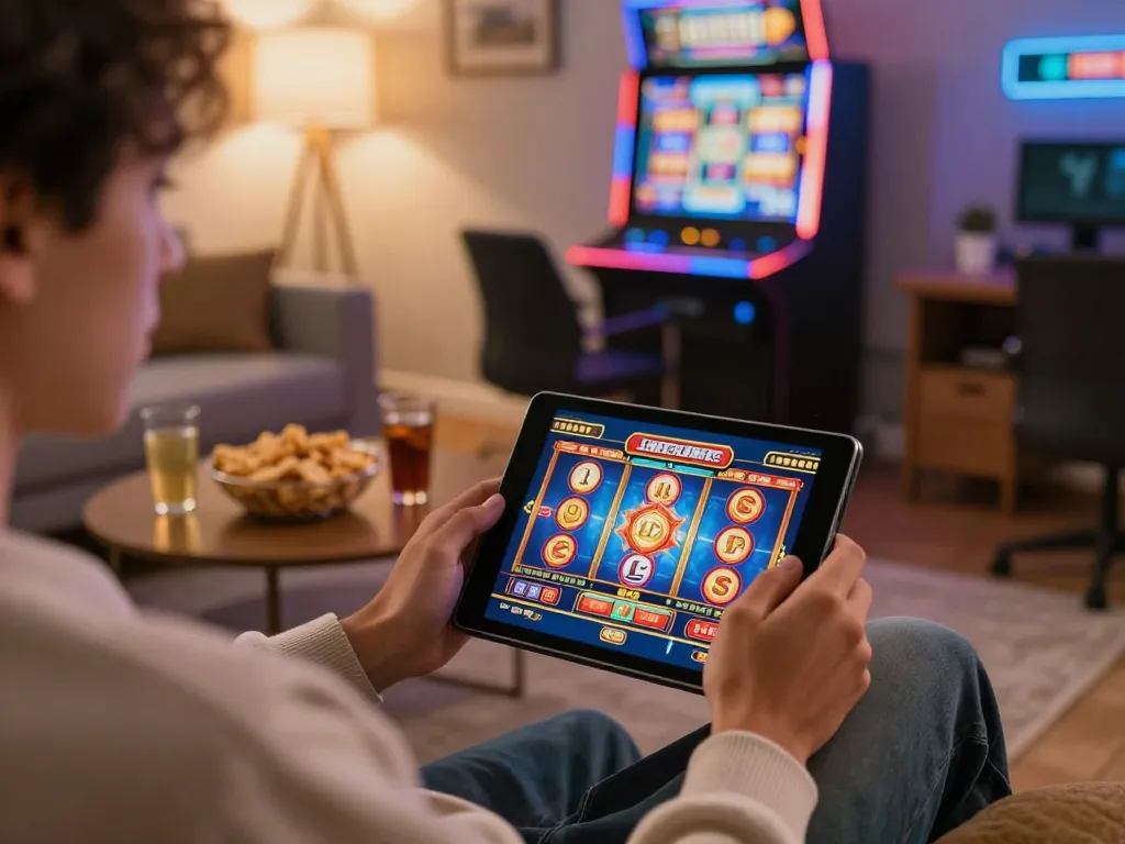 Engaging in UGDEWA slot games on tablet in a cozy home setting, highlighting vibrant graphics and relaxed atmosphere.