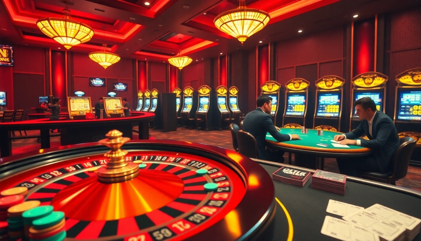 Experience the excitement of CF789 with a luxurious casino scene showcasing roulette and poker tables.