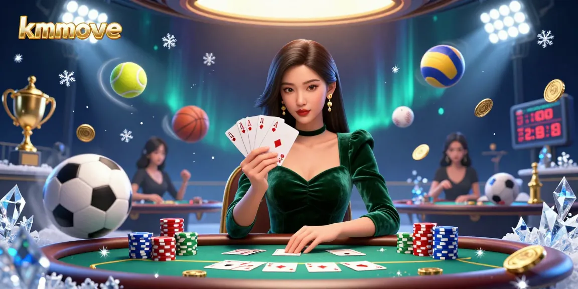Watch kmovie sports betting action with a strategic Asian woman at a poker table, dynamic gambling elements surrounding her.