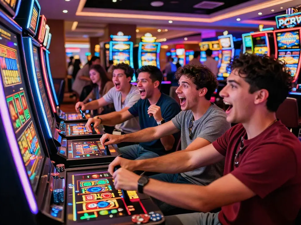 Group enjoying a thrilling moment at a slot gacor machine in a vibrant casino atmosphere.