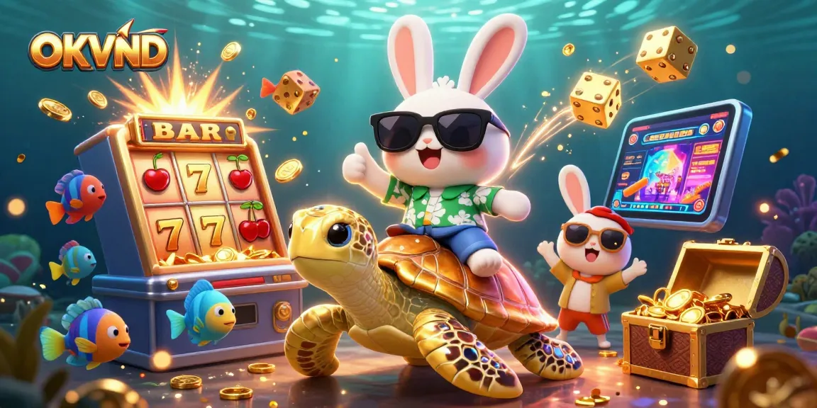 Spin jackpots and win with OKVND as a lucky rabbit and golden turtle celebrate casino success!
