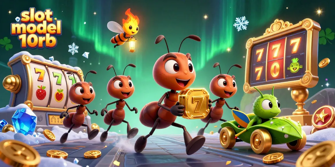 Ants carrying a golden slot chip representing slot modal 10rb with vibrant casino elements.