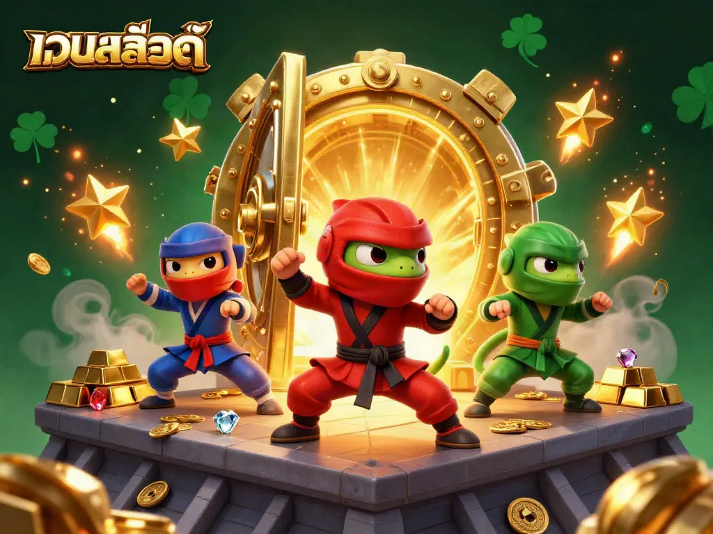 Experience thrilling action with เว็บสล็อตแท้ as colorful ninja chameleons perform exciting martial arts on a treasure-filled rooftop.