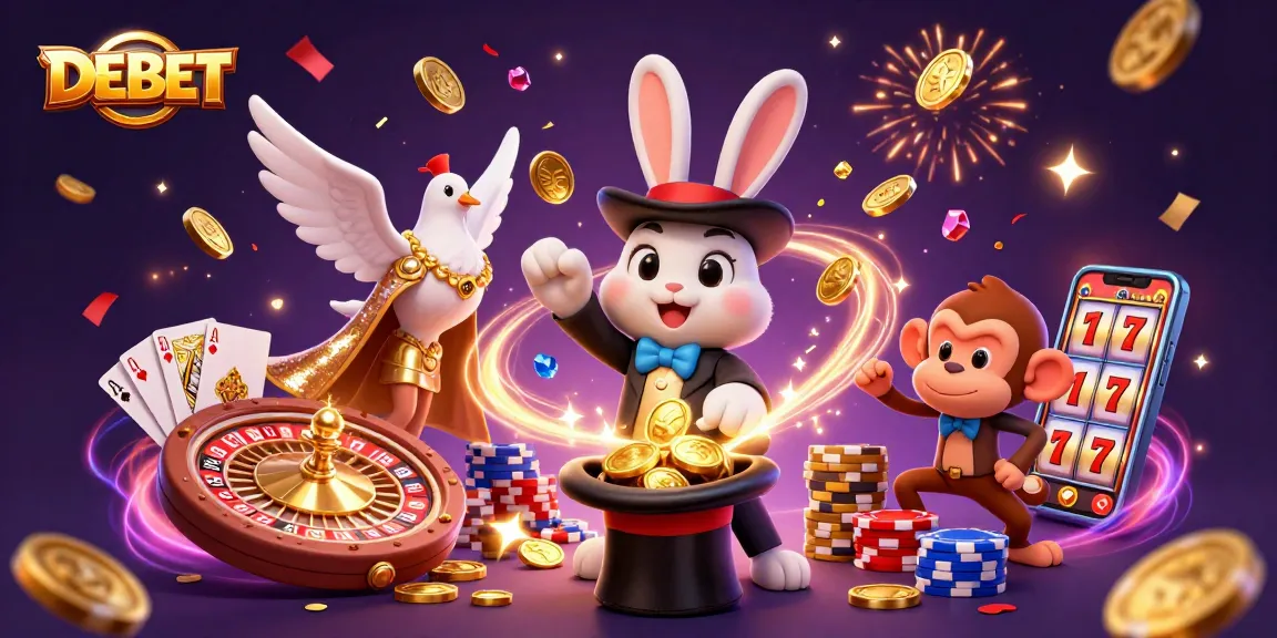 DEBET showcases a vibrant casino scene with a magician rabbit, sparkling coins, and lively game elements.