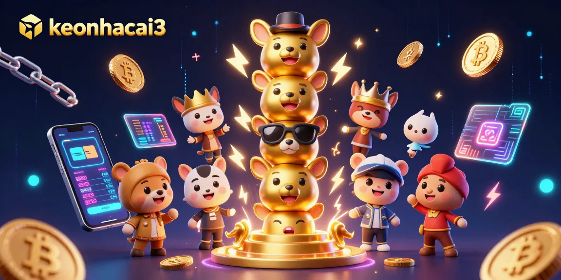 Experience thrilling gameplay with keonhacai3, featuring a vibrant 3D totem pole amidst cryptocurrency elements and casino excitement.