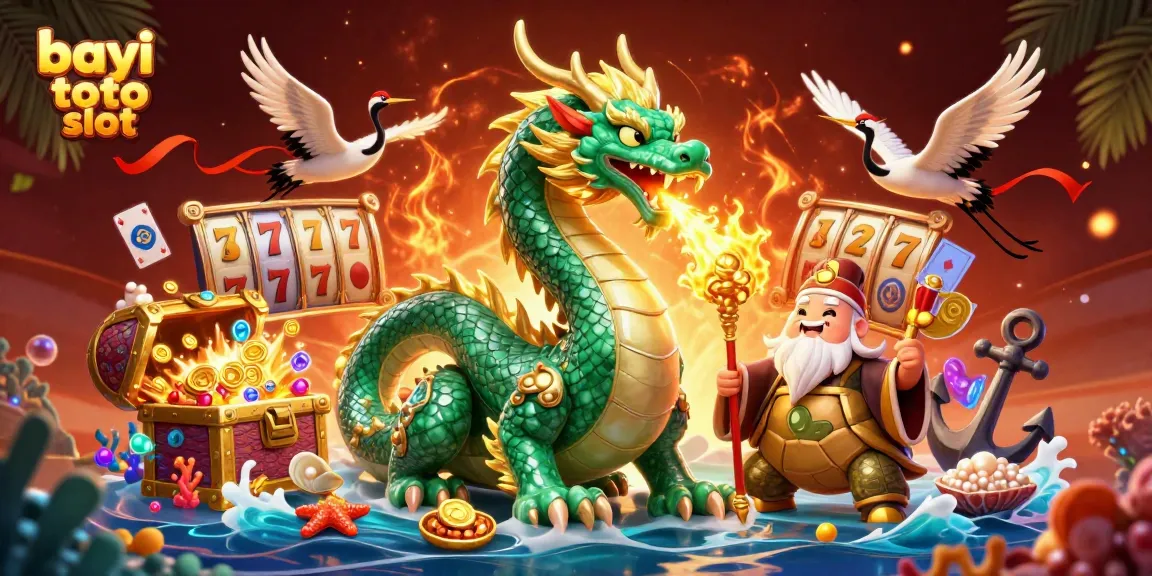Experience the thrill of bayi toto slot with a 3D vibrant illustration showcasing a jade dragon, turtle sage, and lucky cranes.
