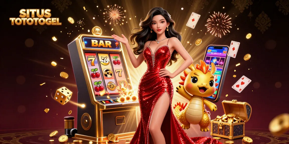 SITUS TOTOTOGEL showcases a vibrant scene with an Asian woman and a golden dragon amongst bursting slot elements.