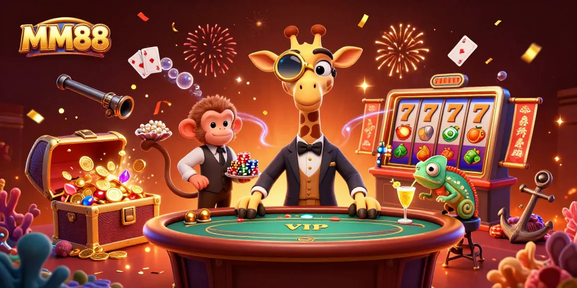 Engaging MM88 casino illustration showcasing a high-roller giraffe at a poker table with vibrant gaming elements.