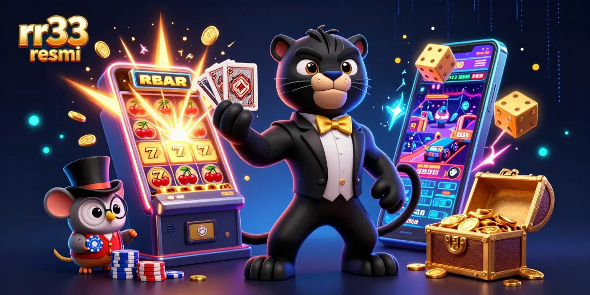 Spin the reels at rr33 resmi, where a stylish panther deals cards amidst a vibrant casino scene.