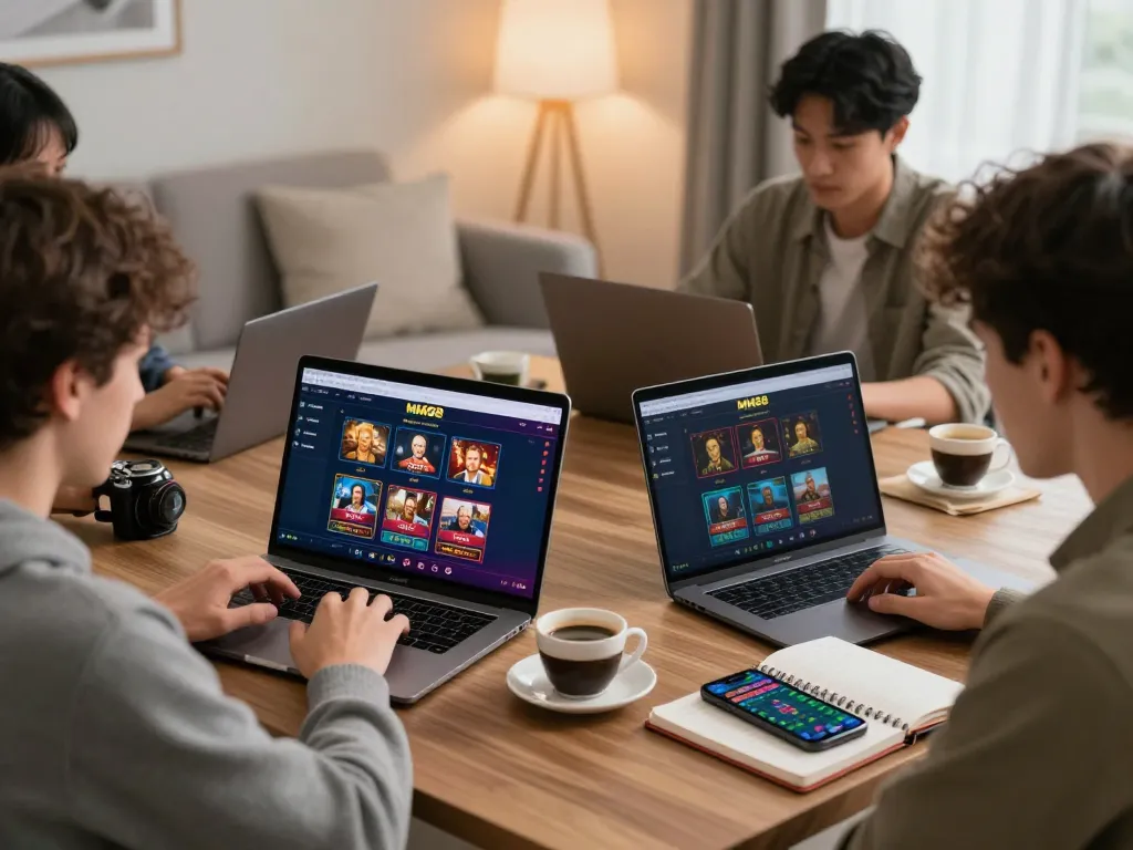 Players engaging with MM88 casino platform on laptops while enjoying warm home atmosphere.