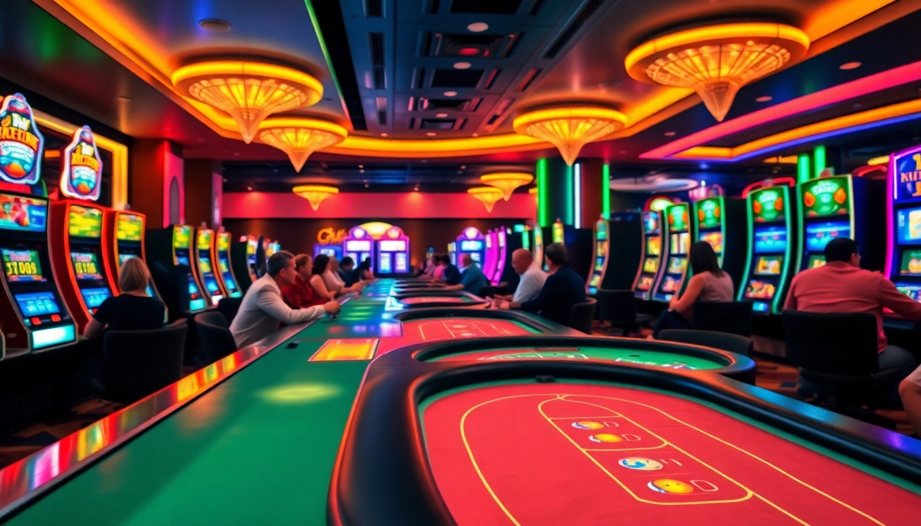 Faszinierendes Spielerlebnis auf casino spiele.de in einem lebhaften Casino mit Slotmaschinen und Pokertischen.