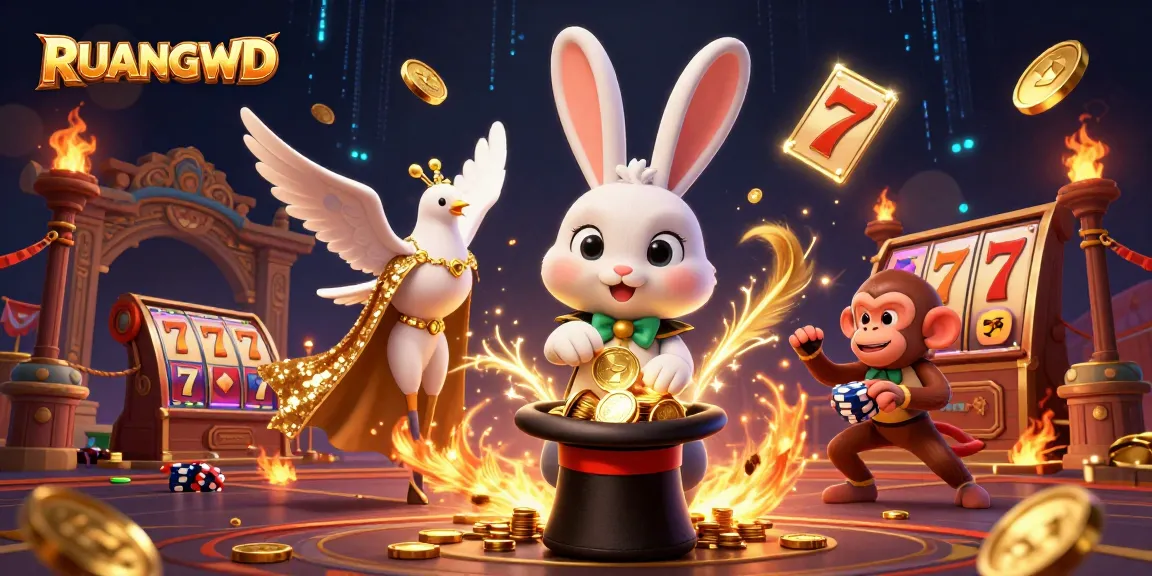 Engage in thrilling gameplay at RUANGWD with a magician rabbit, dove, and monkey in a vibrant casino scene.