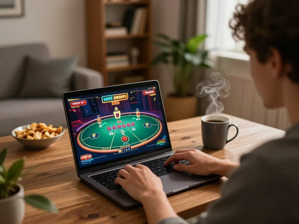 IDNSCORE player engaged in online casino gaming at home, showcasing a laptop and vibrant game interface.
