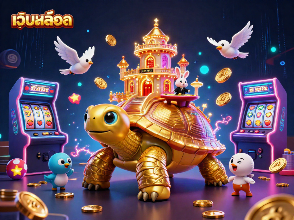 Spin the reels with เว็บสล็อต on a golden tortoise casino, vibrant gaming elements in a lively scene.