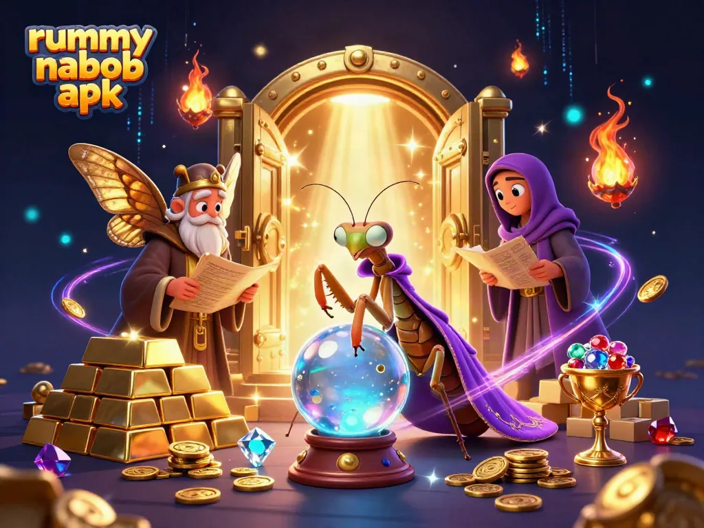 Permainan rummy nabob apk menampilkan karisma pemandu takhayul dengan bola kristal dan gulungan kuno di tengah tumpukan perhiasan.