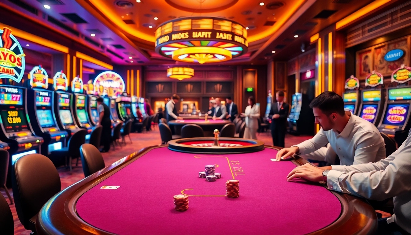 Players engage in a thrilling poker game at Man88, surrounded by vibrant casino decor and mood lighting.
