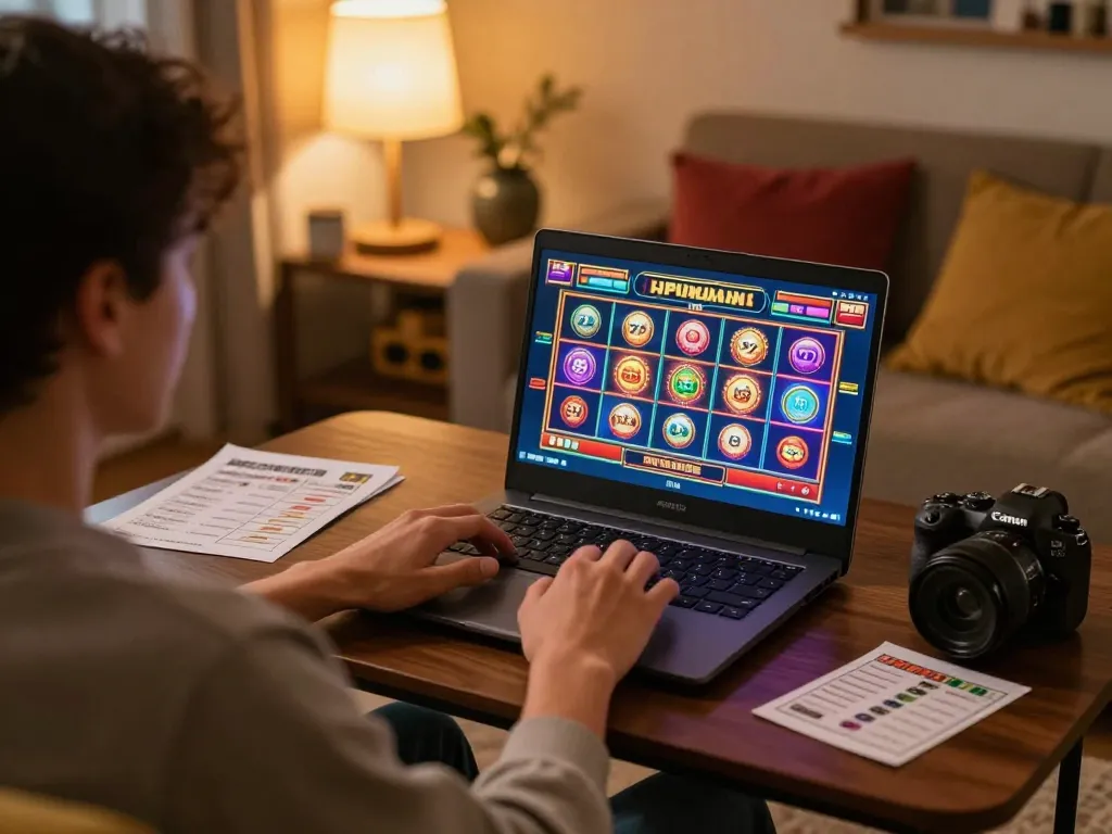 Engaged player enjoys online slots at home with sc88vn gaming setup, showcasing vibrant graphics.