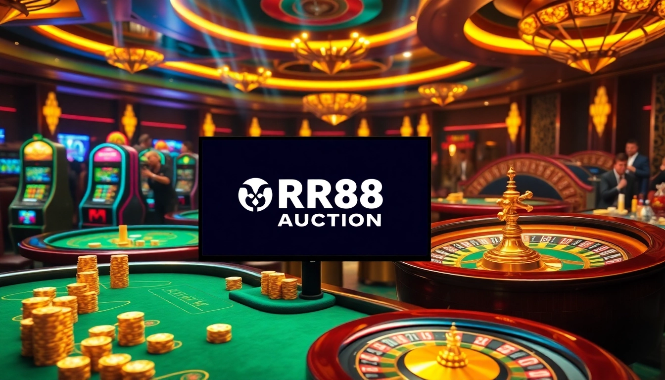 Experience the excitement of RR88 Auction with stunning casino visuals showcasing vibrant slot machines and poker chips.