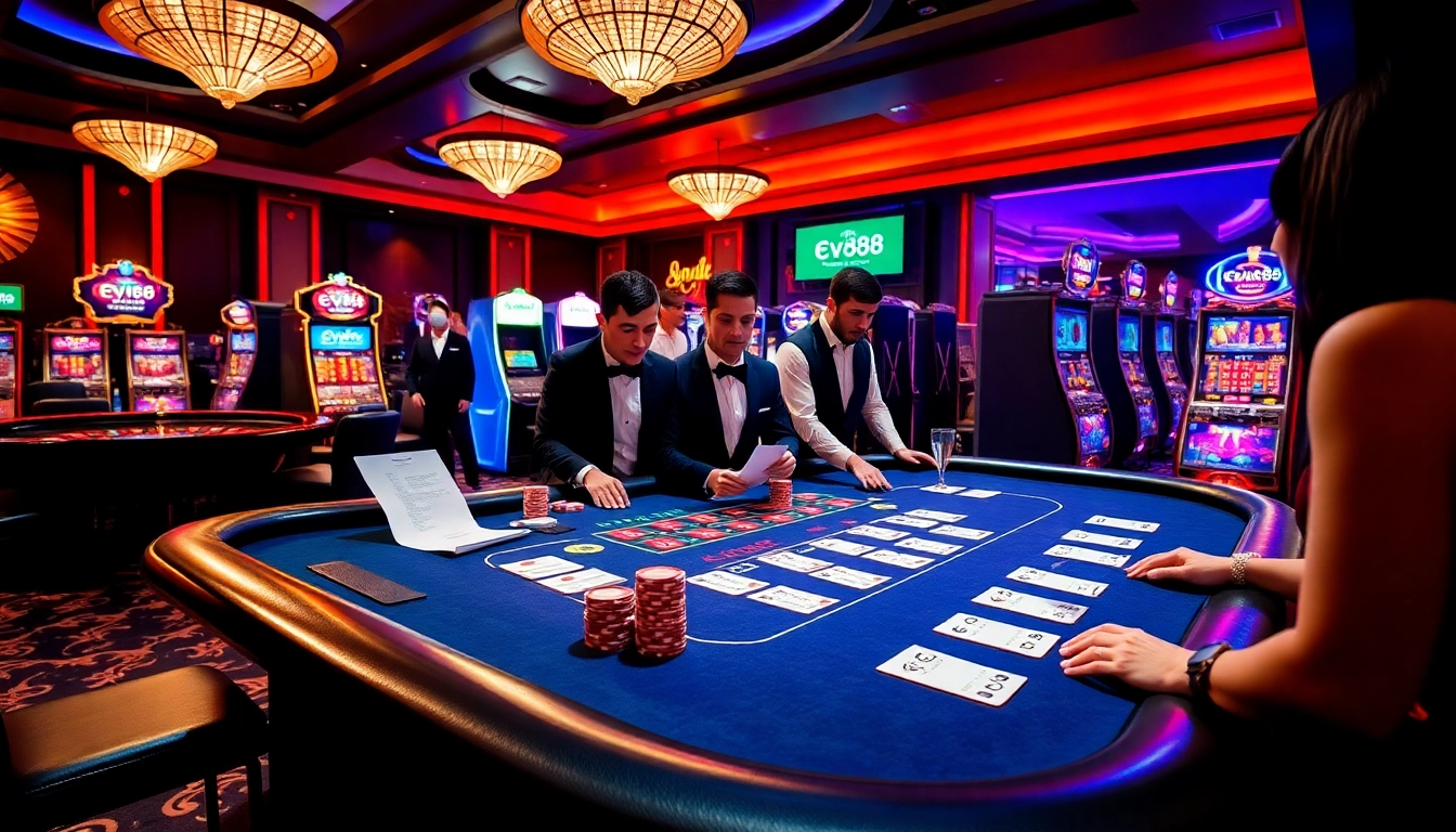 Experience the thrill of Ev88 with players engaging at a luxurious casino table.