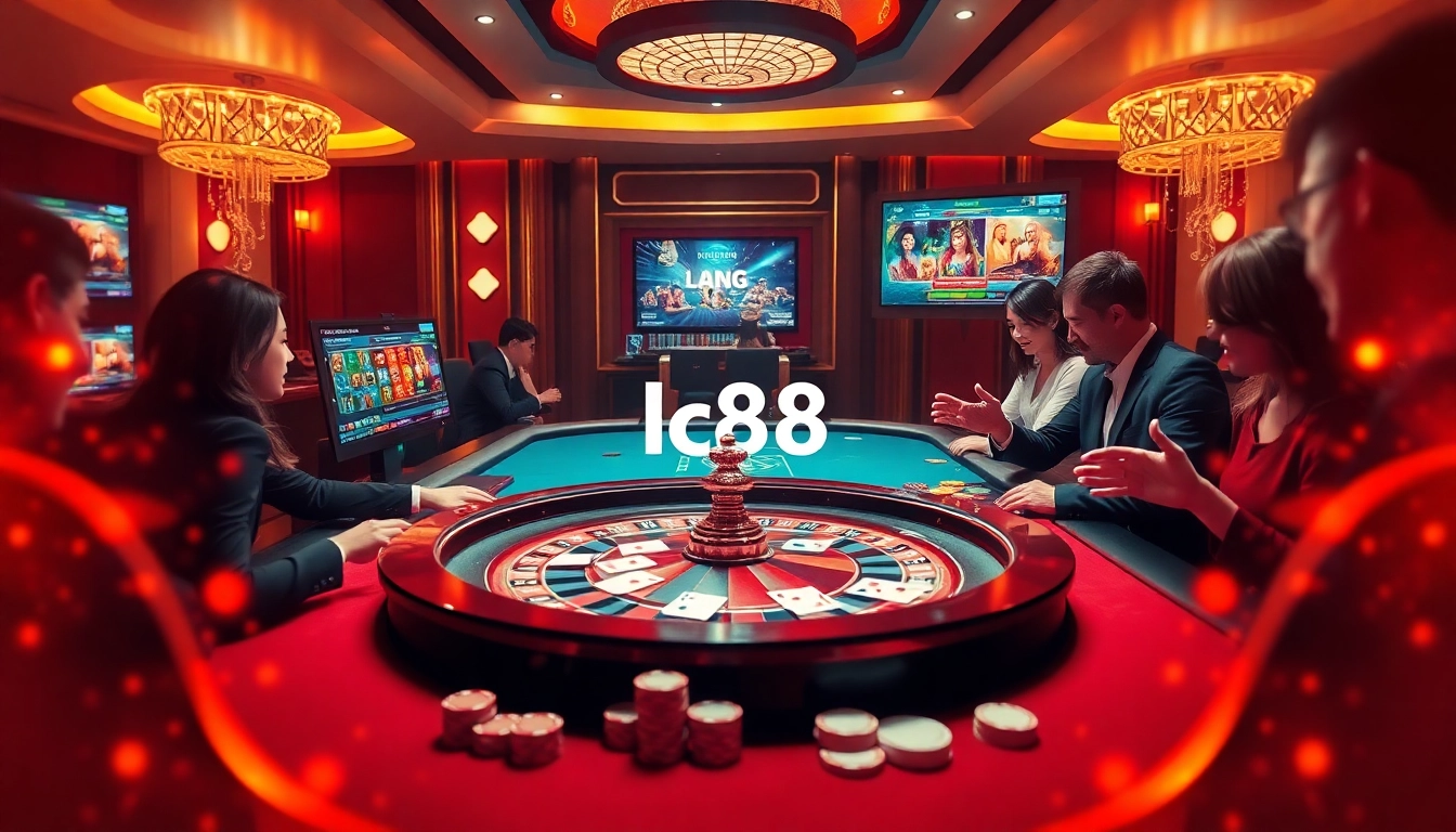 Players strategizing at a luxurious casino table featuring lc88 online gambling interface and vibrant poker chips.
