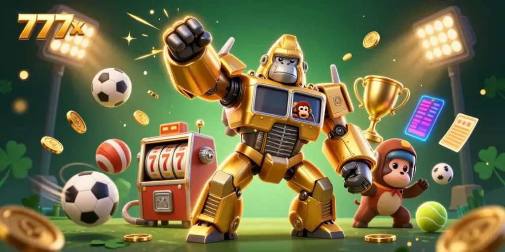 Experience the thrill of winning with 777x casino's dynamic golden gorilla mech surrounded by sports elements and coins.