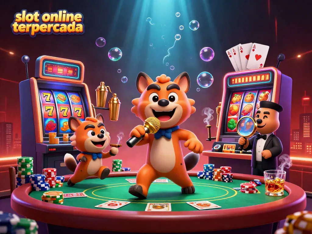 Slot online terpercaya menampilkan hyena lucu di kasino dengan mesin slot dan karakter unik.