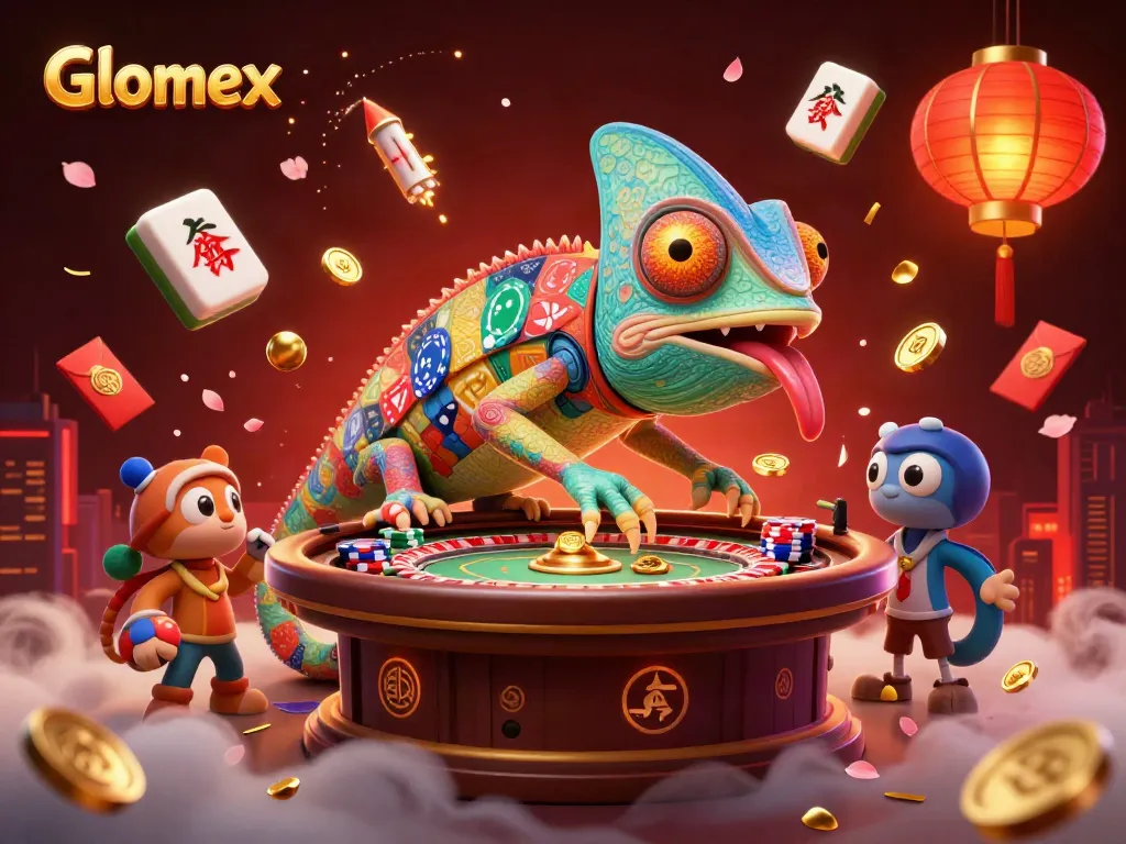 Experience thrilling gameplay at Glomex with the vibrant chameleon casino owner amidst festive game elements.