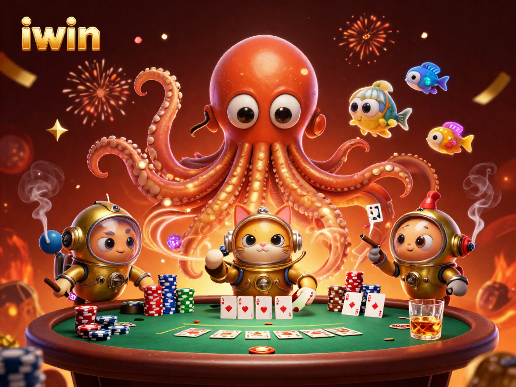 Engage with iwin's thrilling poker adventure, featuring a kraken, diving cat, and vibrant cards.
