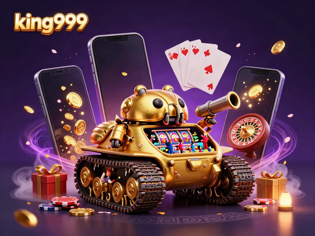 Konsep ilustrasi 3D king999 dengan kasino mini dan elemen permainan menarik.