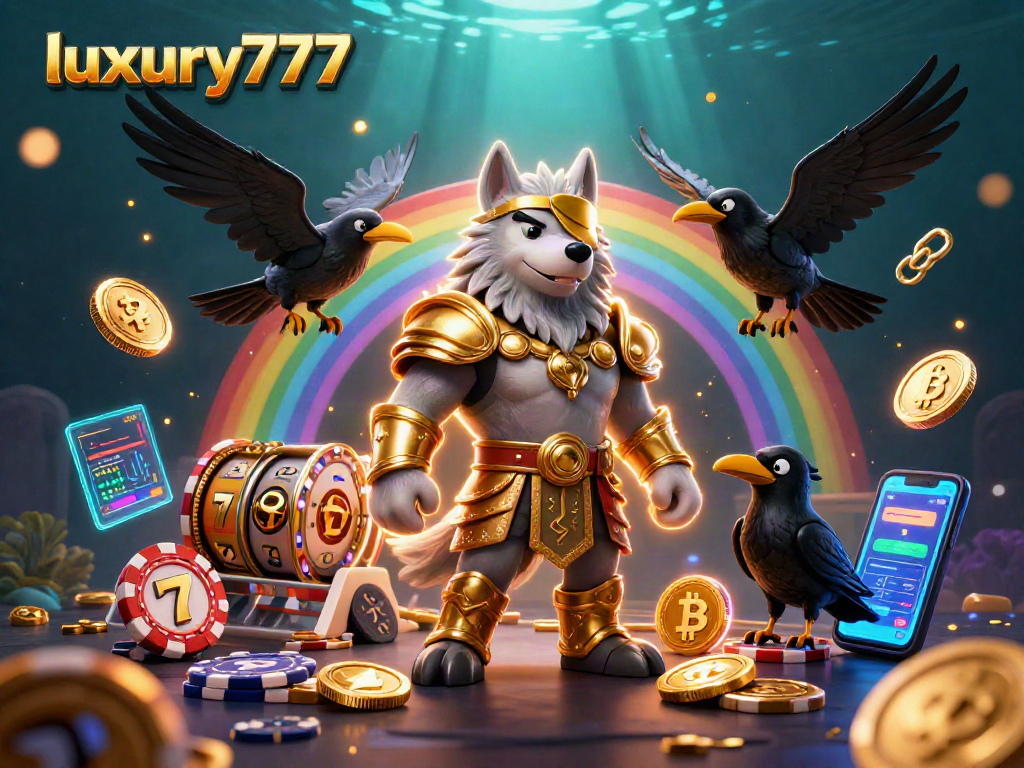 Slot jackpot luxury777 dengan Odin dan dua burung gagak, dalam ilustrasi 3D.