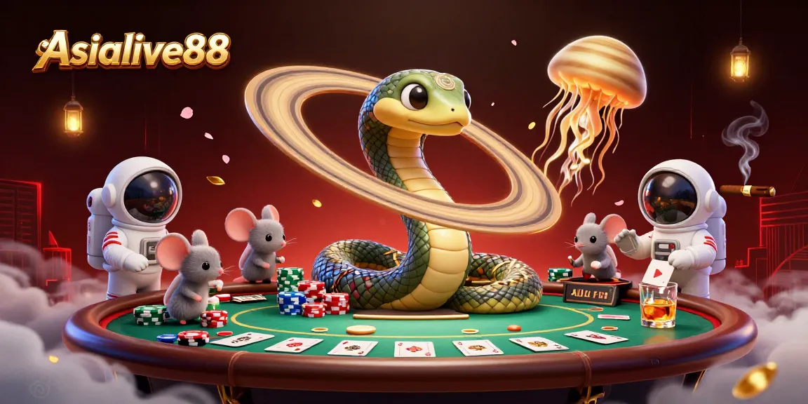 Experience thrilling action at Asialive88 with vibrant characters and casino games depicted in a cosmic setting.
