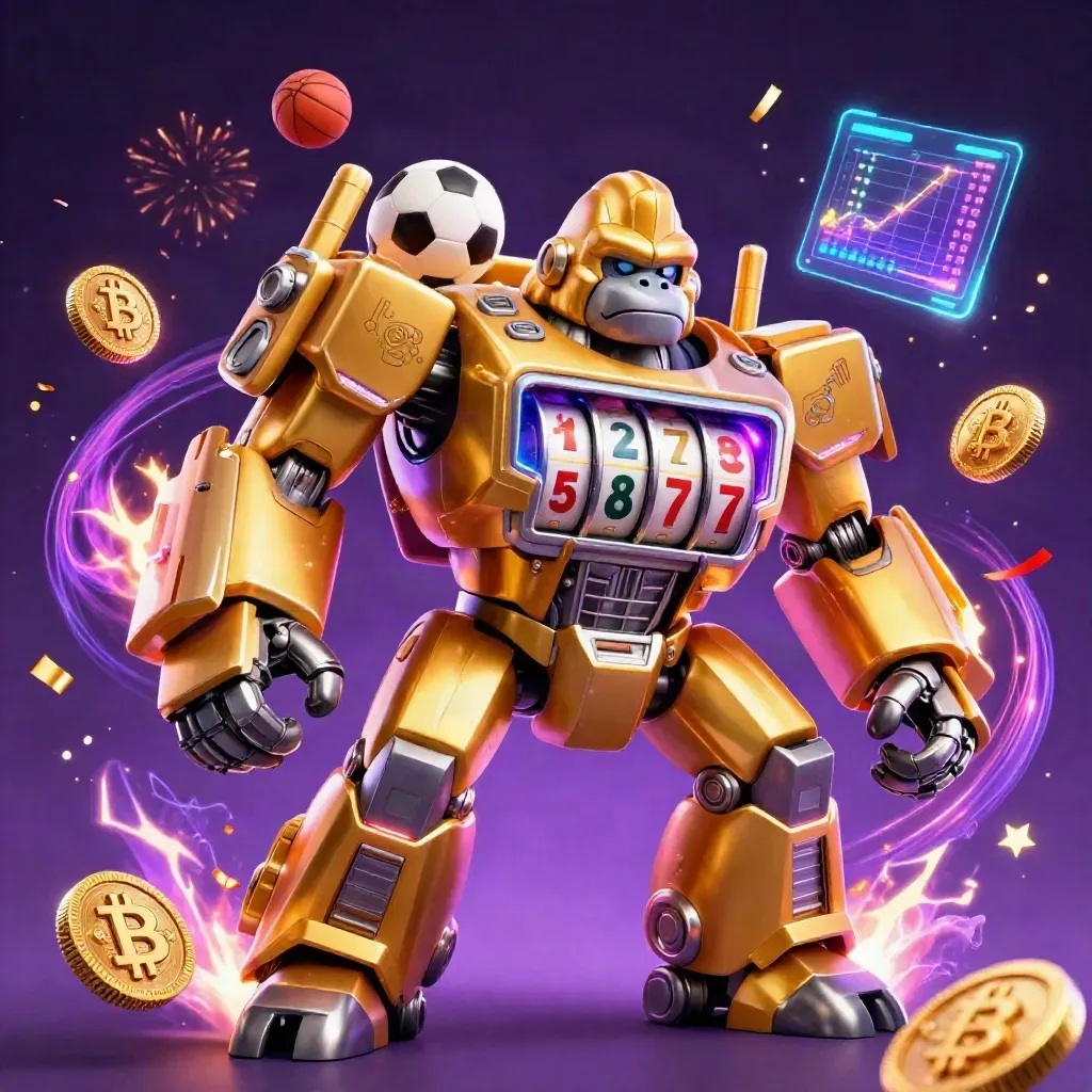 Golden gorilla mech with slot reels, coins, lightning, and sports balls in a neon casino blast.