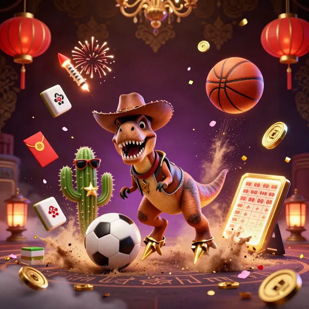 Low-angle casino key art with T-Rex, cactus, roadrunner, flying sports balls, and gold-lit effects