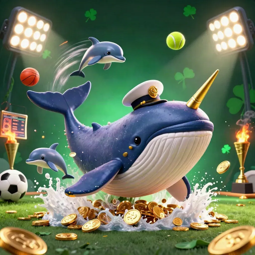 Whale captain, narwhal, and dolphins burst through gold coins with flying sports balls.