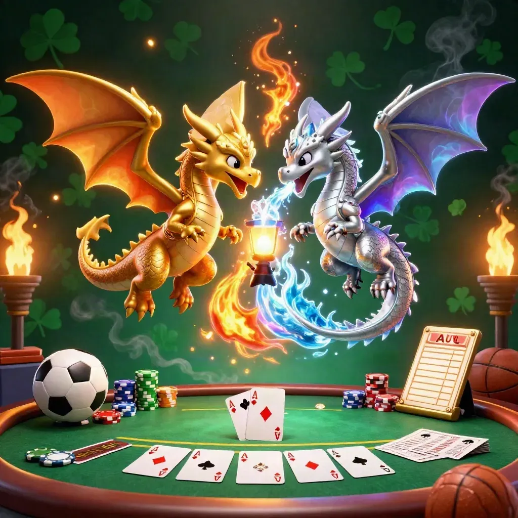 Gold and silver dragons clash over casino chips, cards, balls, and a glowing lantern spirit.